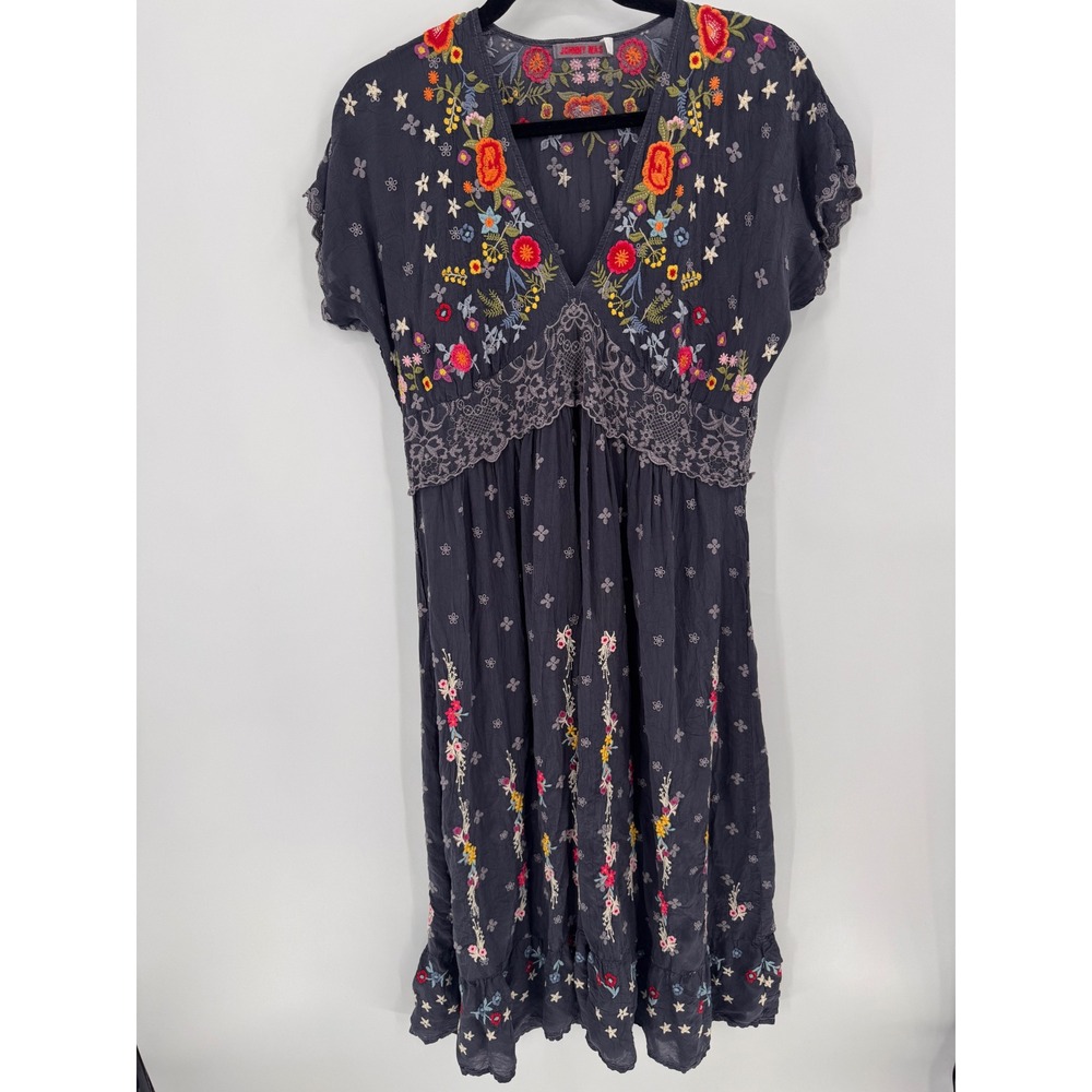 Johnny Was Dress Women S Grey Embroidered Lace Trim Boho Midi Oversized